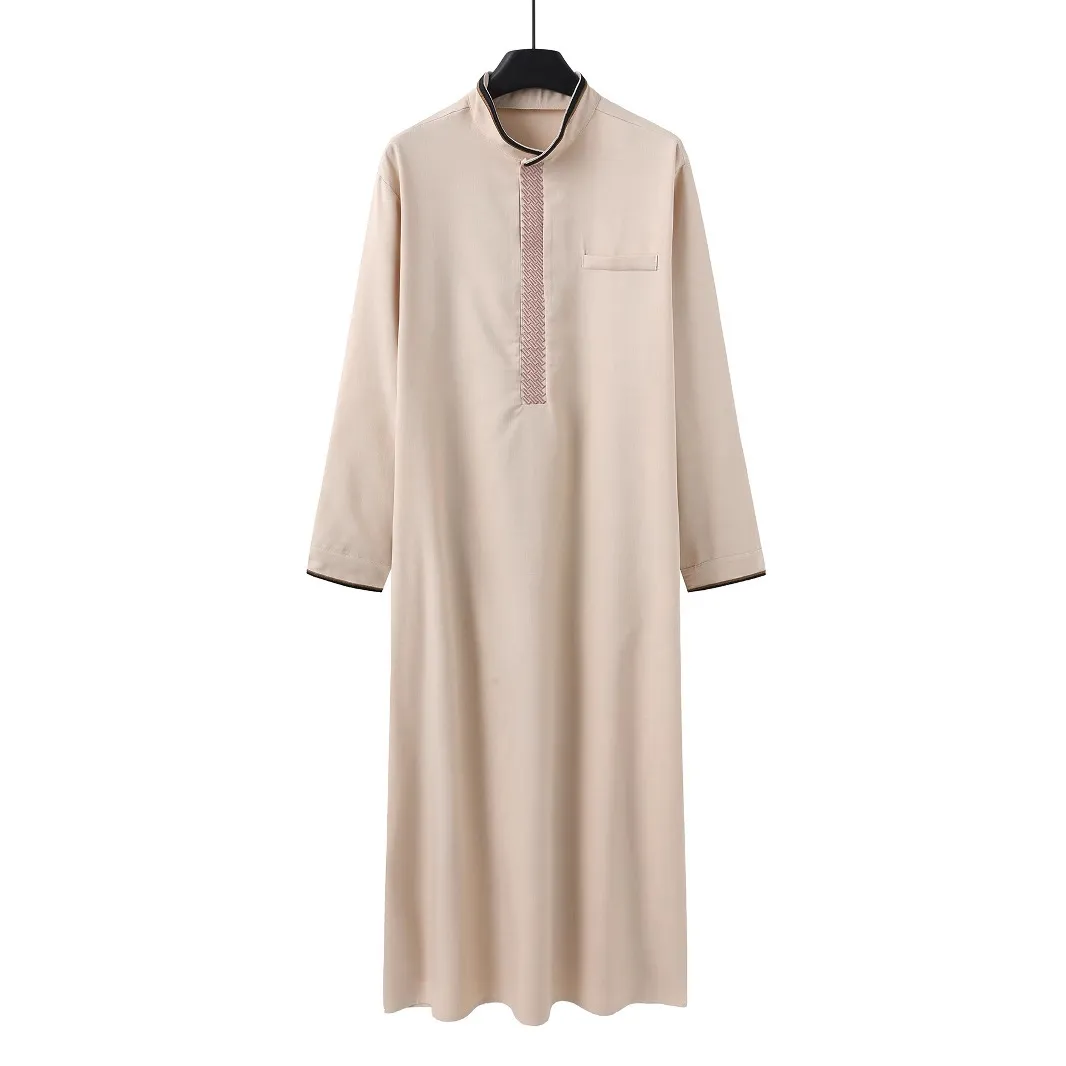 Kaftan Thobe brodé pour homme, col cranté, manches chauve-souris, robe longue décontractée, tenue de mode islamique